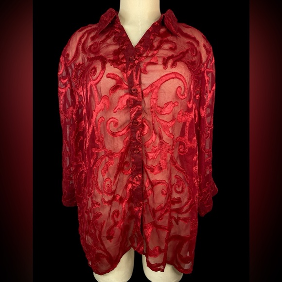 Coldwater Creek Tops - Coldwater Creek Red Sheer Oversized Blouse Women’s Size 18